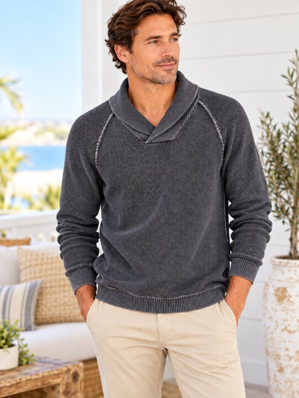 Tommy Bahama Relax Mens Gray Shawl Collar Sweater L 100% Cotton Pullover Coastal